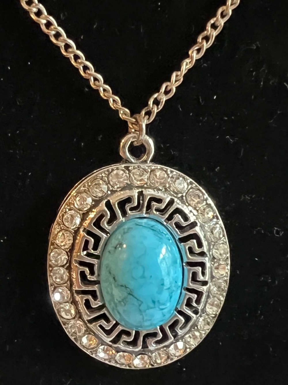 Greek Key Necklace Oval Turquoise Center Stone w 28 Crystals 12" Silver Chain